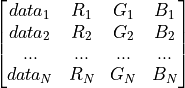 \begin{bmatrix}
data_{1} & R_1 & G_1 & B_1 \\
data_{2} & R_2 & G_2 & B_2 \\
... & ... & ... & ... \\
data_{N} & R_N & G_N & B_N \\
\end{bmatrix}